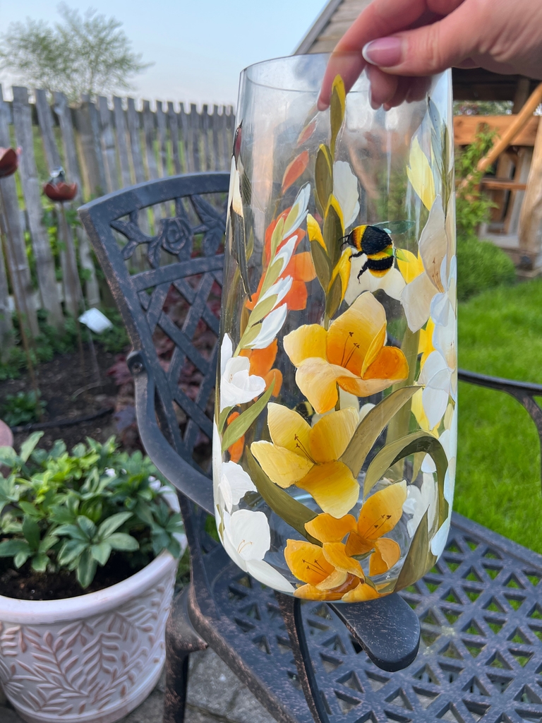 White and yellow irises with bees and swallows