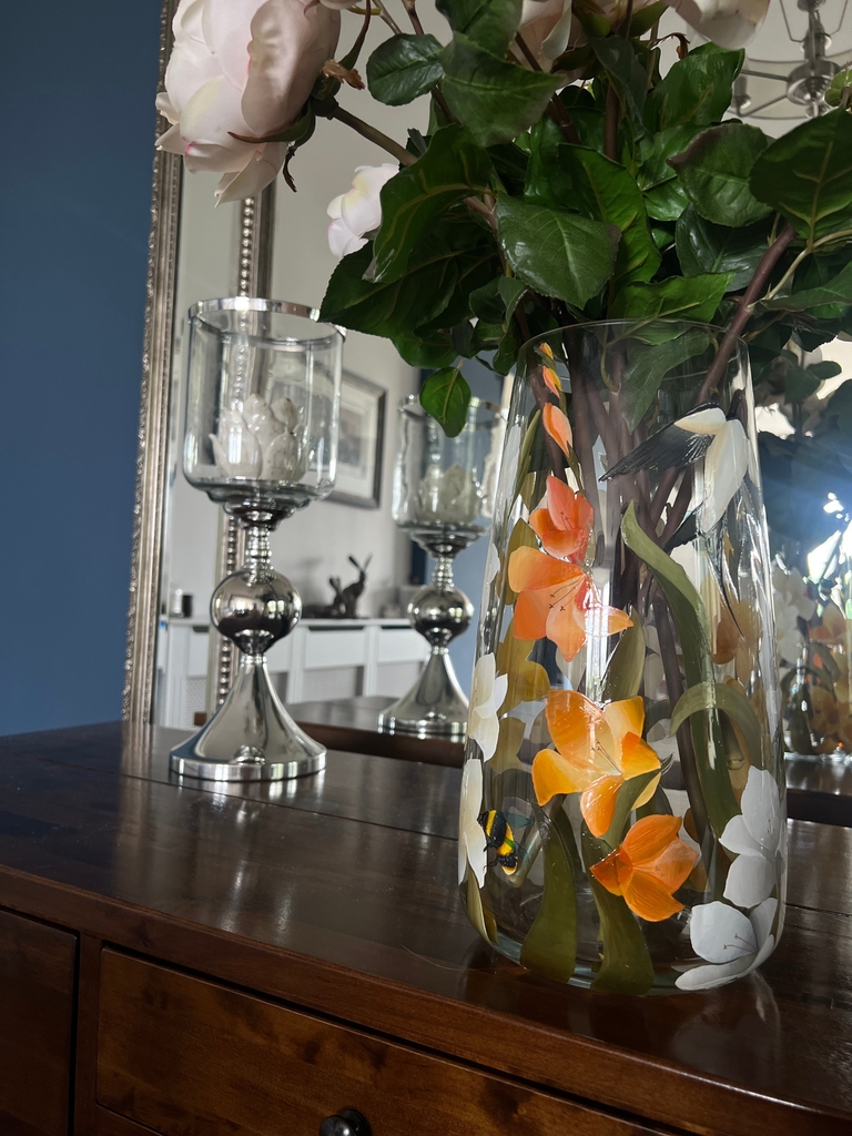 White and yellow irises with bees and swallows